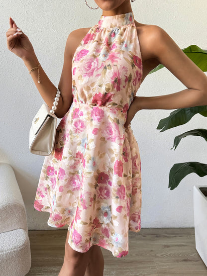 Smocked Printed Halter Neck Dress