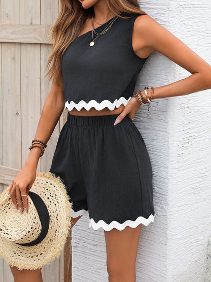 Contrast Trim Single Shoulder Top and Shorts Set