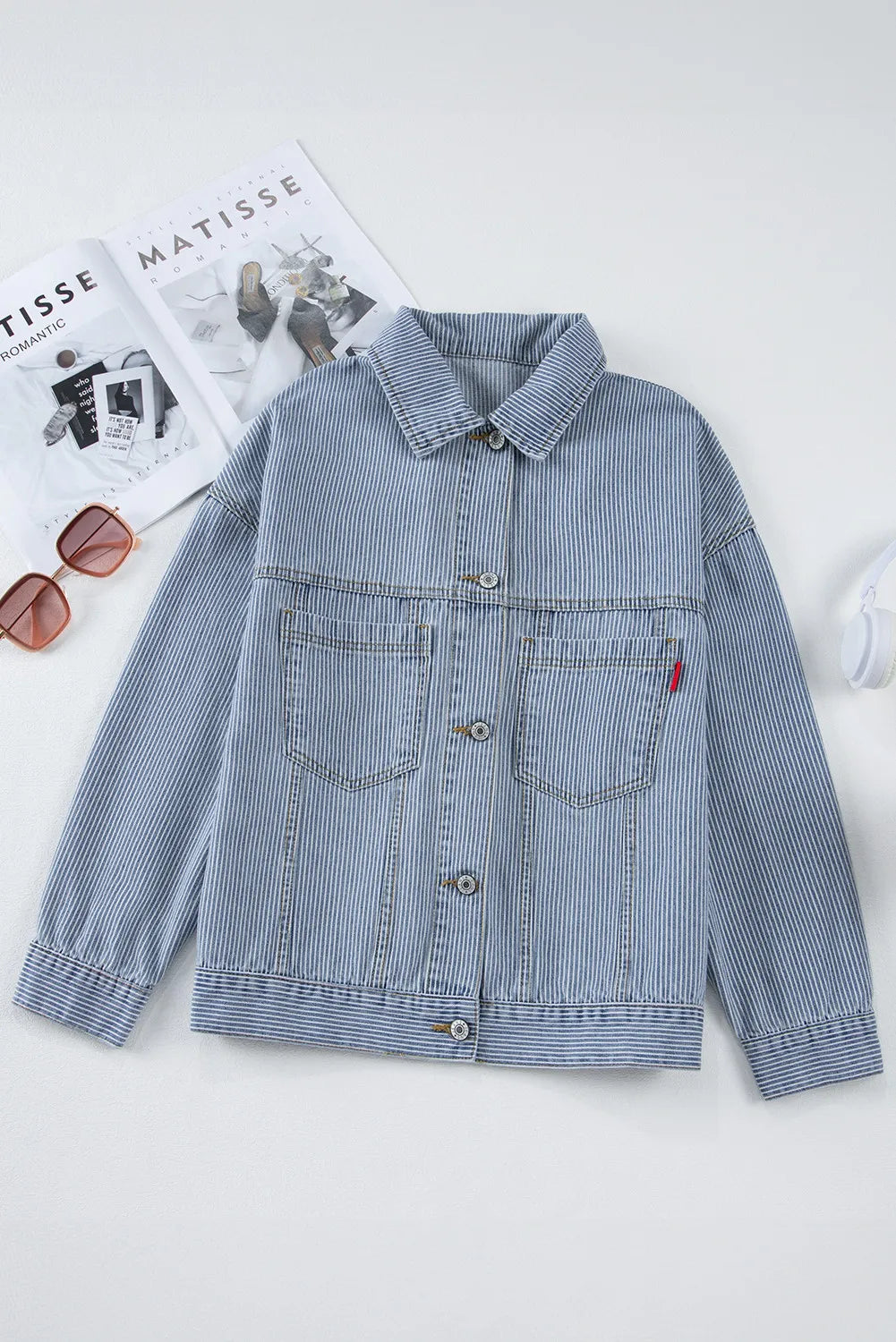 Striped Button Up Long Sleeve Denim Jacket