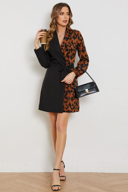 Leopard Color Block Belted Shawl Collar Dress