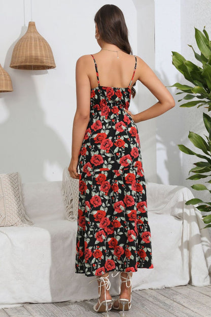 Rose Print Spaghetti Strap Sweetheart Neck Dress