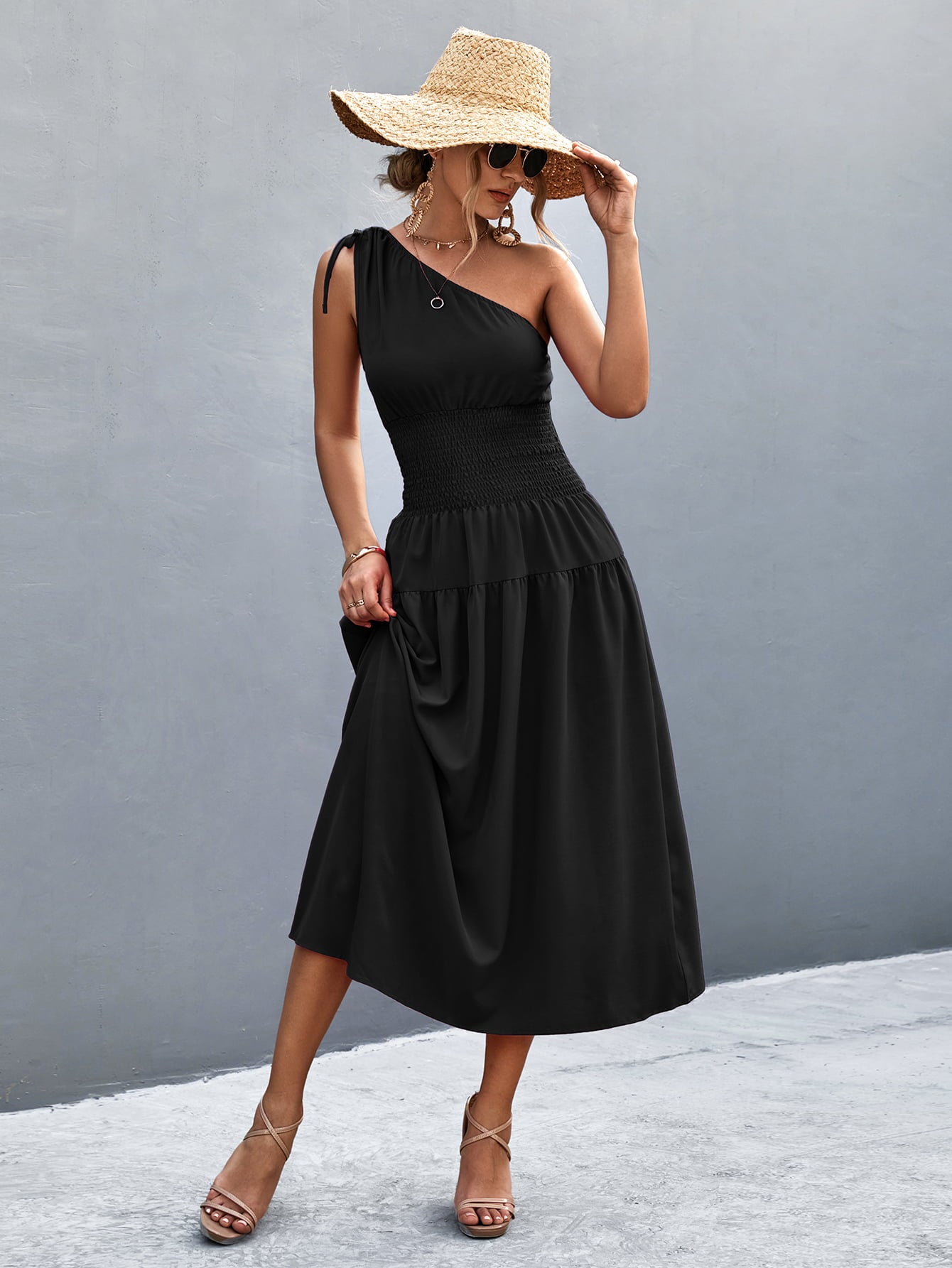 Asymmetrical One Shoulder Smocked Waist Midi Dress