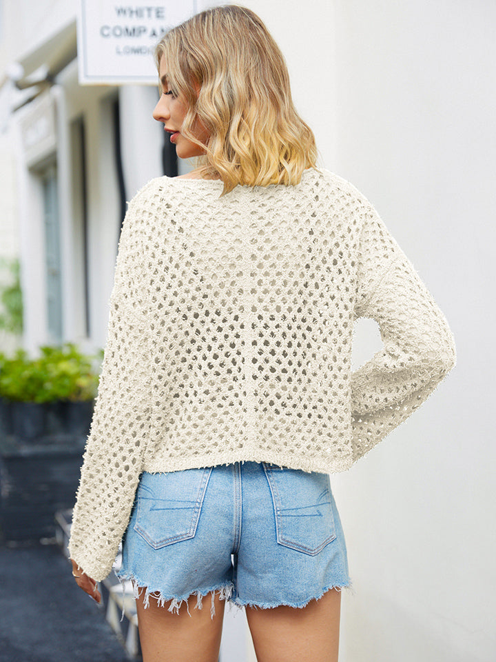 Round Neck Openwork Dropped Shoulder Knit Top