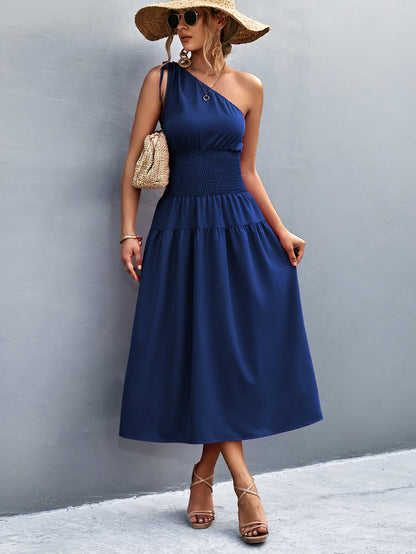 Asymmetrical One Shoulder Smocked Waist Midi Dress