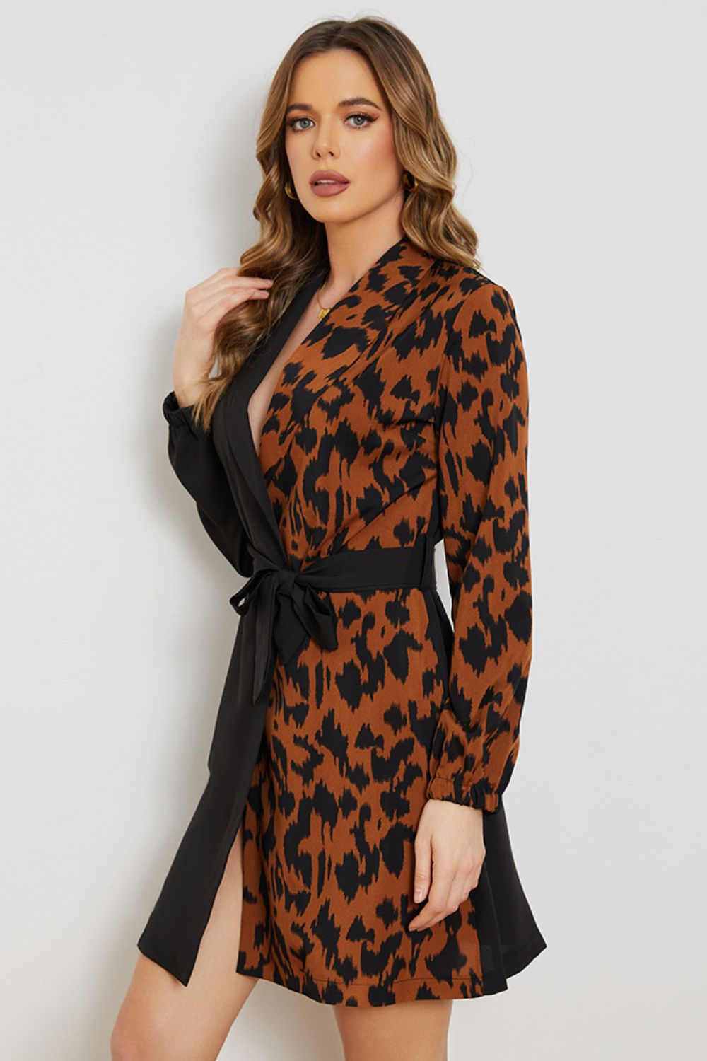 Leopard Color Block Belted Shawl Collar Dress